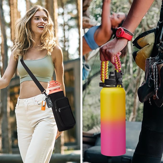 Insulated Water Bottle 40OZ - Cold-48h Hot-24h, Sweat-Proof, Large Stainless Water Bottle with Paracord Handle, Straw Spout Lid, Carrying Pouch & Protective Boot, Office Gym Flask Waterbottle