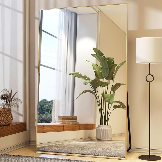 Easly 40"X86" Full Length Mirror with Stand, Gold Large Floor Mirror | Rectangular Full Body Mirror for Bedroom, Living Room or Closet, Wall-Mounted or Freestanding, Aluminum Alloy Frame