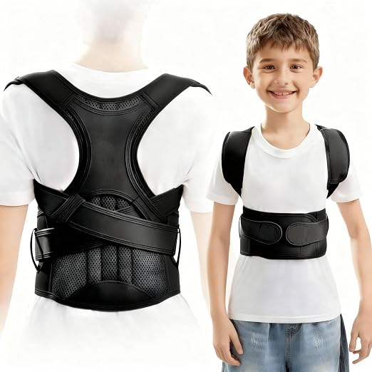 Kids Back Brace Posture Corrector for Boys Girls Teen Youth, Adjustable Upper Back Straightener Lumbar Support Belt for Children Teenager Hunchback Scoliosis Pain Relief Spine Corrector (Black, Medium)
