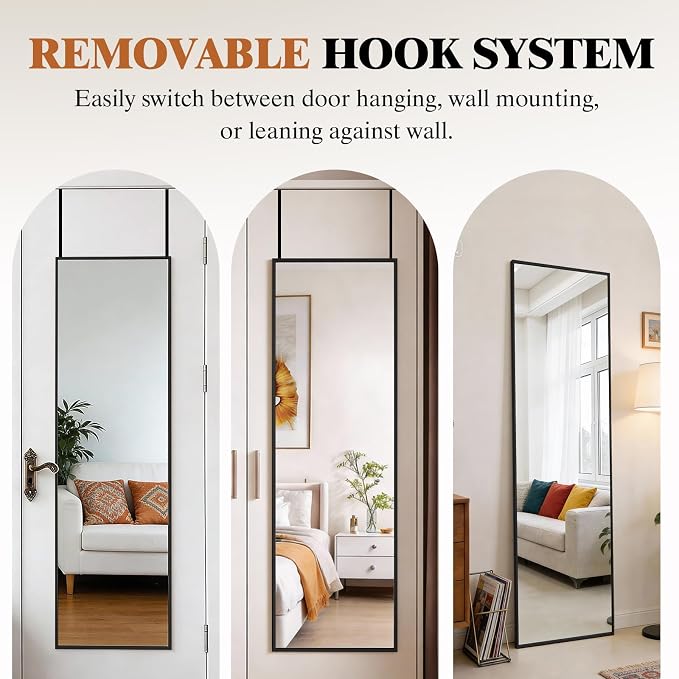 DUMOS 47"x14" Full Length Door Mirror, Full Body Mirror, Black | Aluminum Alloy Thin Frame, Leaning or Hanging, Suitable for Bedroom, Livingroom, Cloakroom
