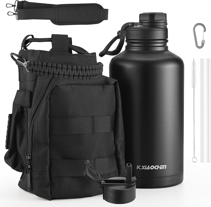 KXIAOCHEN Insulated Water Bottle with Strap, 48-Hour Cold, 2 Lids | Triple-wall insulation, lead-free 18/8 Stainless steel, paracord handle, carabiner clip, for gym, hiking, camping and travel