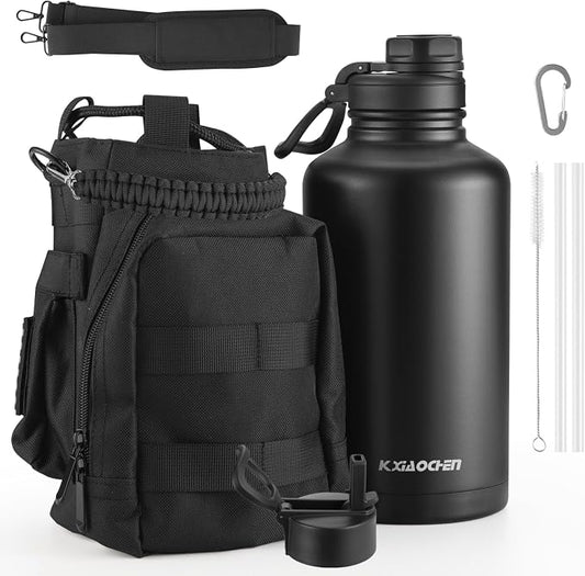 KXIAOCHEN Insulated Water Bottle with Strap, 48-Hour Cold, 2 Lids | Triple-wall insulation, lead-free 18/8 Stainless steel, paracord handle, carabiner clip, for gym, hiking, camping and travel