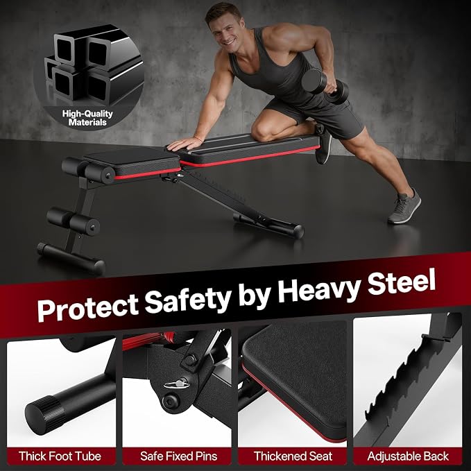PASYOU Adjustable Weight Bench, Foldable, Incline Decline Flat, Bench Press with 660LBS, 95% Pre-Assembled, Compact Workout Bench Full Body Strength Training Bench for Home Gym, Wider Seat