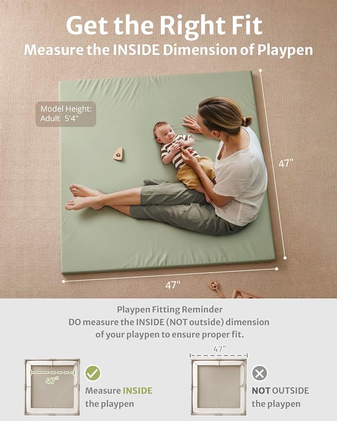 Blissful Diary Vegan Leather Baby Play Mat, 47''x47'', Light Green | thick cushion, safe and soft fabric, waterproof and wip clean, indoor use, non-slip bottom, stylish mordern decor