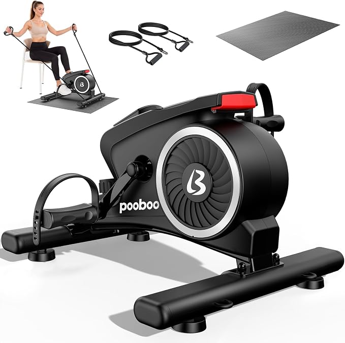 pooboo Under Desk Bike Pedal Exerciser with Magnetic Resistance | Mini Exercise Bike with 16 Resistance Levels, Arm And Leg Workouts, Resistance Bands And Non-Slip Mat for Home Office Therapy