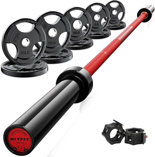 RitFit Barbell Weight Set - 4/6FT Olympic Barbell with Weight Plates (55-115LB Total) - Weightlifting Equipment for Squats, Curls, Deadlifts, Presses, Hip Thrusts