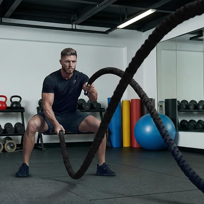 Battle Rope for Home Gym Workout - 1.5 Inch 50ft Heavy Weighted Training Exercise Ropes Fitness Equipment with Sleeve and Anchor Strap Kit for Crossfit Outdoor Working Out