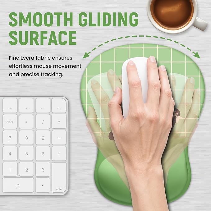 Ergonomic Mouse Pad with Wrist Rest, Gel Wrist Support, Green Cat | 10.2 x 7.6 in Mouse Pad with Smooth Fabric Surface and Non-Slip Rubber Base for Office, Home, Study, and Gaming