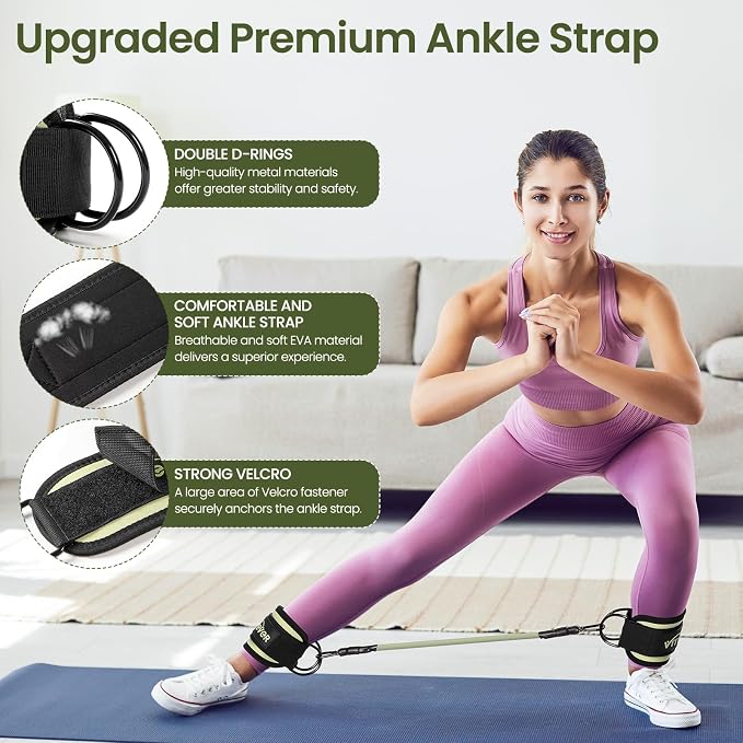 VITEVER Ankle Resistance Bands with Cuffs for Women, Leg Glute and Booty Workout Equipment for Home Gym, Pilates Equipment, Ankle Weights with Green Resistance Bands for Kickbacks Hip Fitness Training