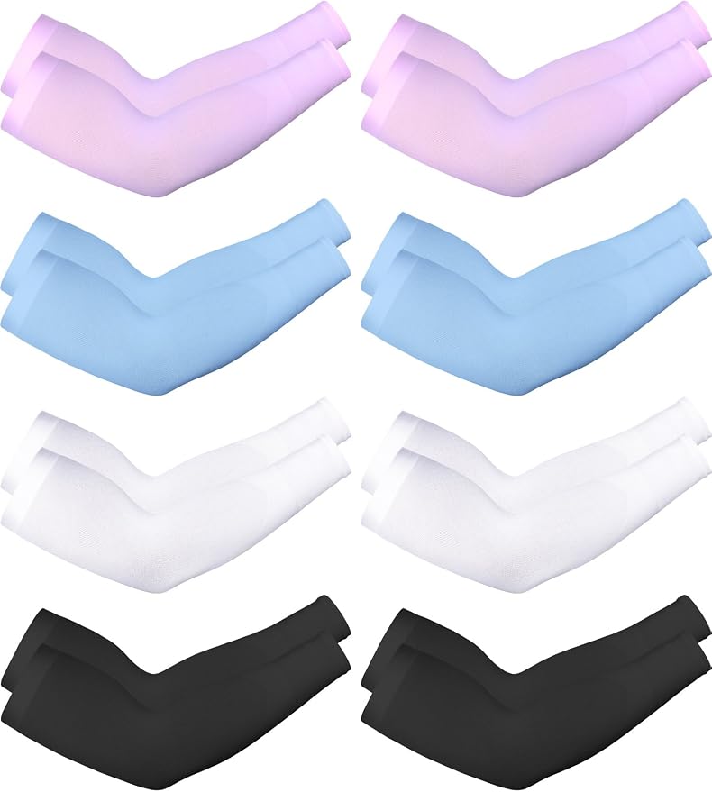 Mudder 8 Pairs UV Sun Protection Cooling Arm Sleeves for Men Women Youth Silk Compression Arm Cover Breathable Outdoors Sport