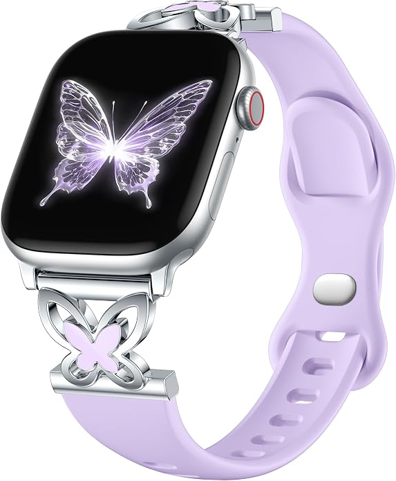 Lerobo Slim Silicone Band Compatible with Apple Watch Bands for Women | Dressy Metal Butterfly 16mm Thin Strap for iWatch Series 11 10 9 8 7 6 5 4 SE Ultra 38mm 40mm 41mm 42mm 44mm 45mm 46mm 49mm