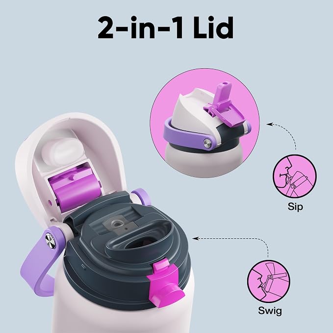 Insulated Water Bottle with Straw - Encool Stainless Steel Water Bottle with Push Button Lid, Leak-Proof & BPA-Free, Keeps Cold for 24 Hours for Sports, Travel, Gym (40 oz, Oyster Pink)