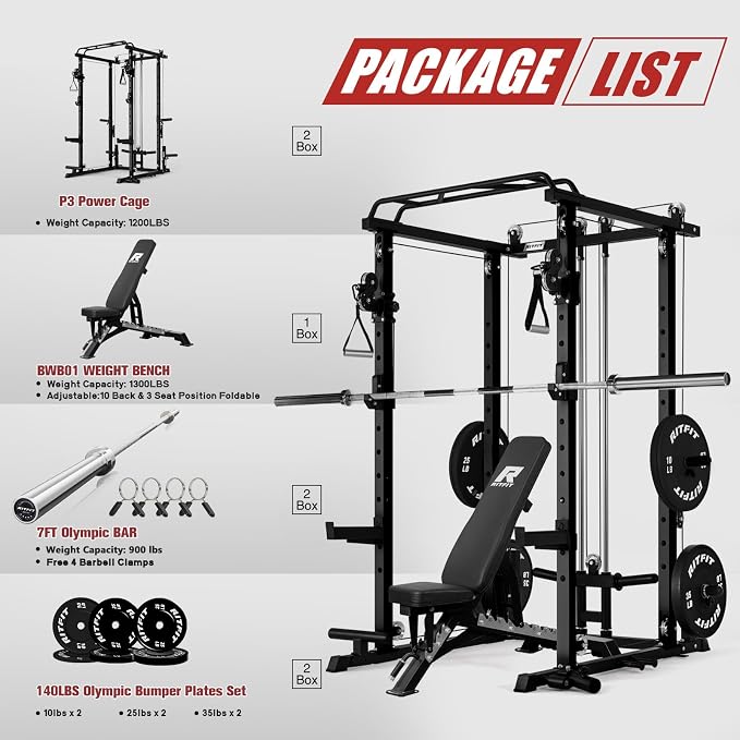 RitFit PPC-P3 Power Cage with Cable Crossover System, 1200LB Capacity | LAT Pulldown & Cable Crossover System with Bumper Plate Set, Olympic Barbell, Bench