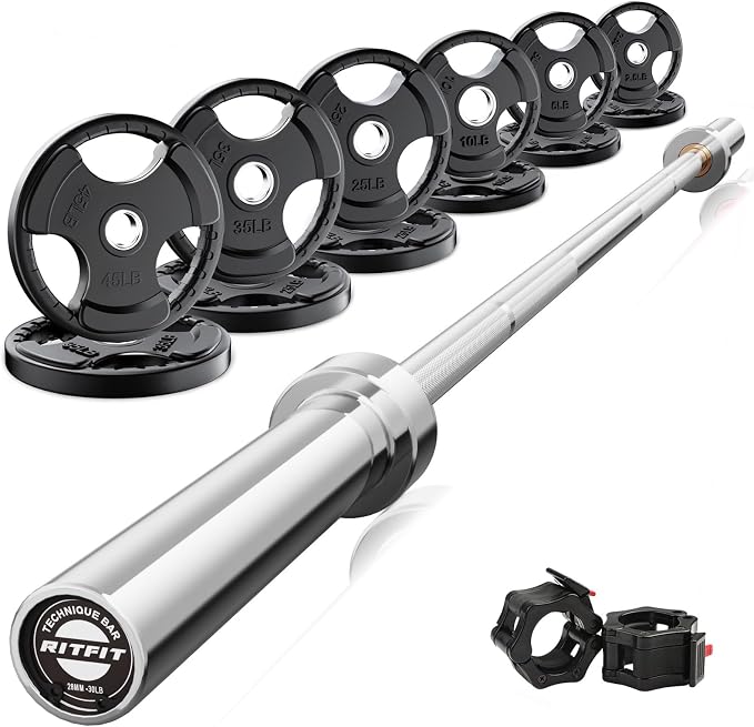 RitFit Barbell Weight Set - 4/6FT Olympic Barbell with Weight Plates (55-115LB Total) - Weightlifting Equipment for Squats, Curls, Deadlifts, Presses, Hip Thrusts