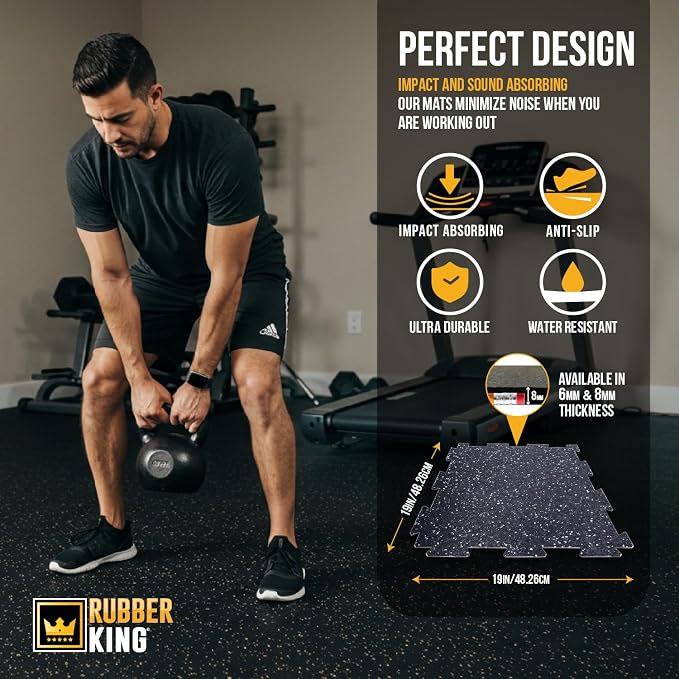 Rubber King 10 Piece Interlocking Tiles 19" x 19" x 6mm - 100% Recycled Rubber Gym Floor Tiles, Exercise Mat for Home Gym, Anti-Slip Low-Odor Interlocking Puzzle Floor Tiles - 23.5sq ft