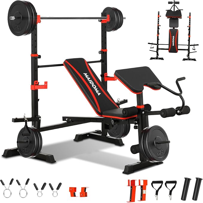 MAIDOMA Foldable Weight Bench with Rack - 8 IN 1 Bench Press Set, Leg Extension, Preacher Curl & Flat/Incline/Decline Full Body Olympic Workout Bench for Home Gym(42"IN WIDE GRIP)