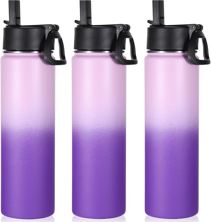Volhoply 24oz Insulated Water Bottle With Straw Bulk 3 Pack,Metal Wide Mouth Water Bottles With Handle Lid,Reusable Double Wall Cups,Powder Coated Sport Bottle For Holder(Lavender,3 Count)