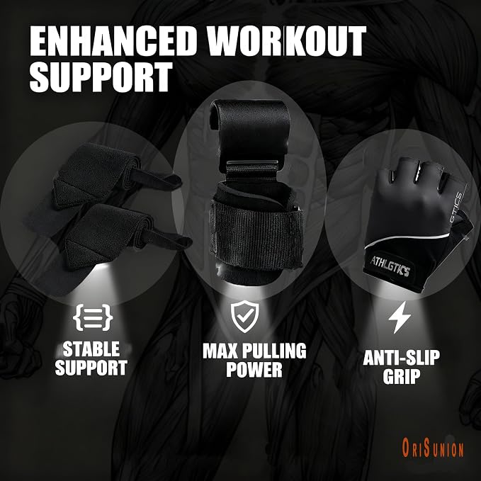 3-in-1 Gym Gloves Set with Deadlift Hooks & Wrist Wraps for Men & Women | lightweight breathable gloves, multi-size, steel hooks for heavy lifts, for deadlifts rows pull-ups cycling & daily driving