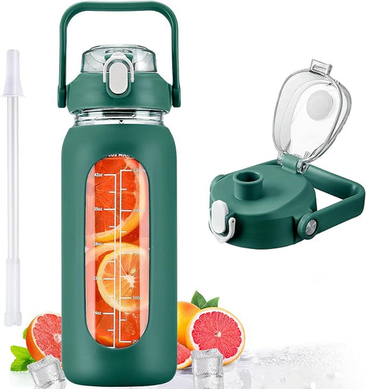 56oz Glass Water Bottles with Straw, Motivational Glass Bottle with Silicone Sleeve and Time Marker, Leakproof Large Glass Water Jug for Gym Home Office,Ink green