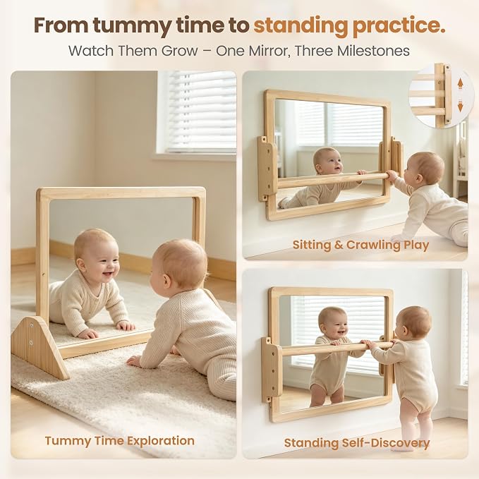 Montessori Mirror with Pull Up Bar, 23.6 x 15.7 in Natural Wood Frame & Shatter-Resistant Acrylic Baby Mirror for Floor and Wall, Tummy Time and Pull-to-Stand Practice