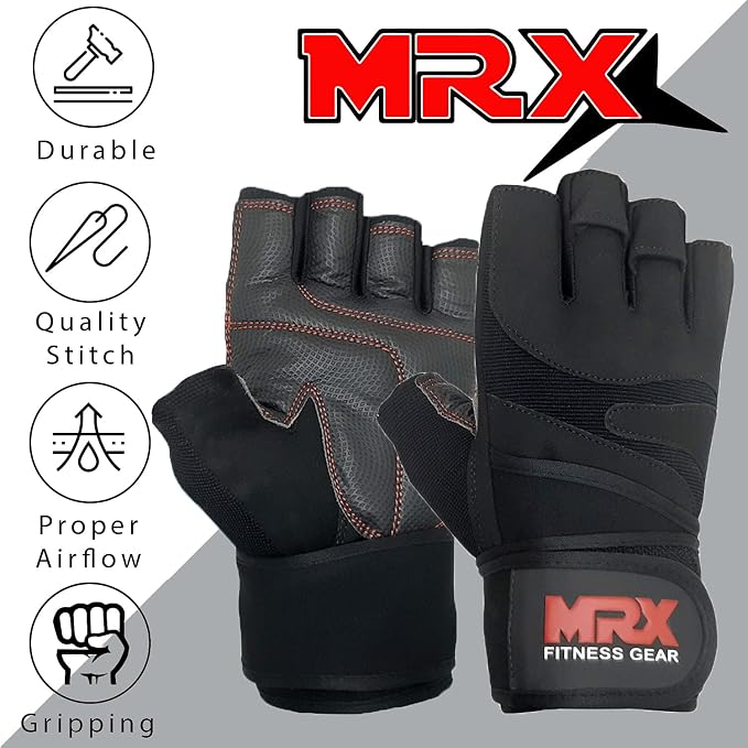 MRX Weightlifting Gloves for Men Workout Gloves Mens Wrist Support Lifting Gloves Male Gym Gloves | Workout Gym Accessories for Men Weight Lifting Fingerless Gym Exercise for Powerlifting