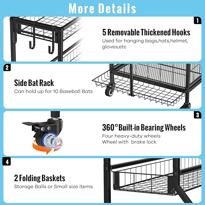 Sports Equipment Garage Organizer - Heavy Duty Garage Organization Ball Storage Rack with Basket, Hooks and Rolling Cart for Sports Gear and Toy Storage, Indoor/Outdoor Use, Black