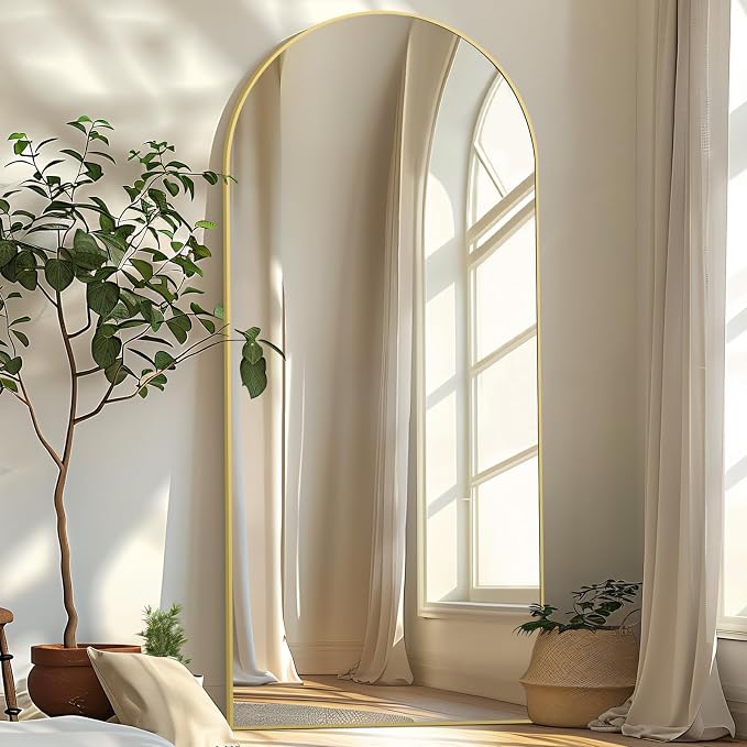 76"x34" Large Arched Floor Mirror Full Length with Stand, Gold | Vertically Wall‑Mountable, Freestanding or Wall‑Leaning, for Bedroom Living Room Gym, Tempered Glass, Aluminum Alloy Frame
