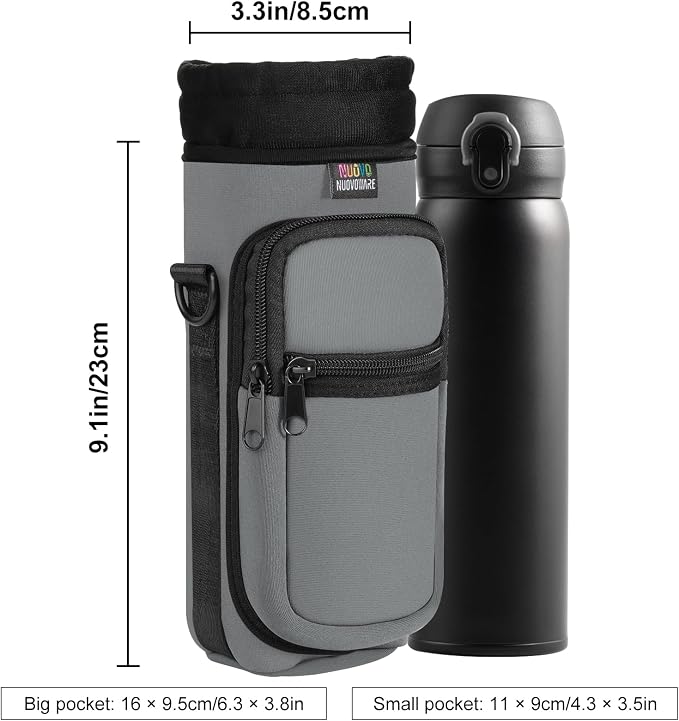 Nuovoware Water Bottle Carrier Bag, 25oz/32oz Bottle Pouch Holder, Adjustable Shoulder Hand Strap 2 Pocket Sling Neoprene Sleeve Sports Accessories for Hiking Travelling Camping, Light Gray | Adjustable Shoulder Hand Strap, 2 Pocket, Neoprene Sleeve, F...