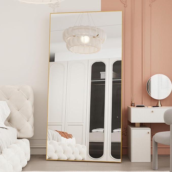 LFT HUIMEI2Y 76.4"x37" Full Length Mirror, Gold Floor Mirror | Tempered Oversized Mirror Full Body with Aluminum Alloy Frame; Standing, Leaning, or Wall Mount for Bedroom, Living Room