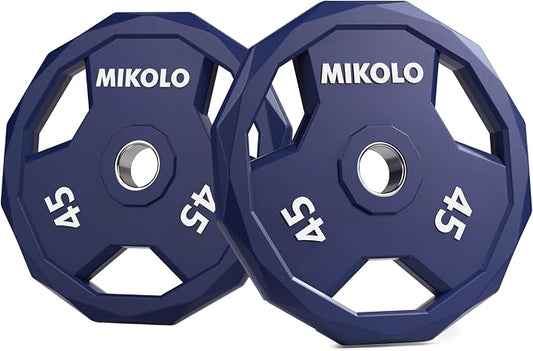 Mikolo Olympic Weights Set 2-Inch Rubber Coated Plates, 12-Sided Non-Roll Weight Plates Grip with 3 Handles for Home Gym, Strength Training, Single, Pair and Sets(5/10/15/25/35/45 LB)