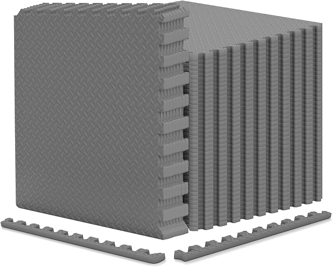 Tangkula 48 Tiles Exercise Flooring with Border, Non-Slip EVA Foam Protective Mats, Elastic Puzzle Play, 1/2" Interlocking Floor for Home Gym, Fitness Room, Workshop Equipment (Gray)