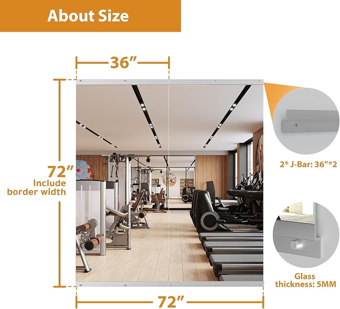 ROOMTEC Home Gym Mirror, 72"x 36"-2 PCS Frameless Gym Mirrors for Home Gym, Large Full Body Tempered Glass Wall Mounted Mirror for Yoga Room, Dance Studio, Workout Room