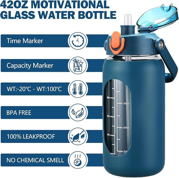 42oz Glass Water Bottles with Straw, Motivational Glass Bottle with Silicone Sleeve and Time Marker, Leakproof Large Glass Water Jug for Gym Home Office,Blue