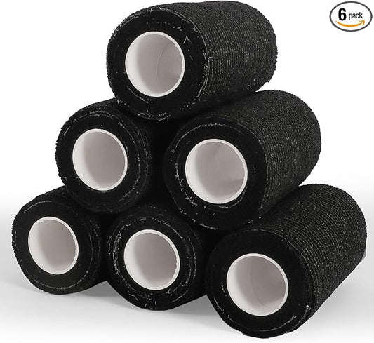 6 Rolls Elastic Self Adhesive Bandage Wrap 4 Inch, Breathable Non Woven Cohesive Bandage, Vet Wrap for Dogs, Ankle Sprains Swelling Medical First Aid Tape, Sports Athletic Tape Black