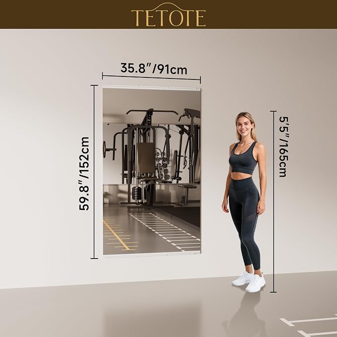 TETOTE Home Gym Mirror 60" x 36" - 1PC Large Tempered Glass Workout Mirrors for Home Gym, Exercise Fitness Wall Mounted Frameless Full Length Mirror for Garage, Dance Studio, Yoga, Living Room