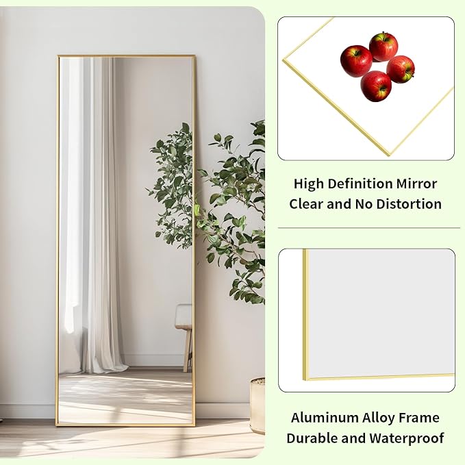 Gold Floor Mirror 48x16 inch, Full Body Mirror, Metal Frame | Brushed Gold Metal Frame, No Distortion, Rust-proof, Floor Mirrors for Nursery, Baby Room, Entryway, Party, Dressing Room