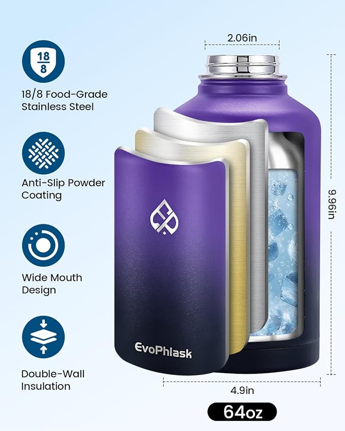 Insulated Water Bottle 64 oz with Carrier Bag, Purple/Black | Stainless Steel, Vacuum Insulated Keep Cold 48 Hrs, Half Gallon Large Water Jug, For Travel, Sport, Gym, Hiking