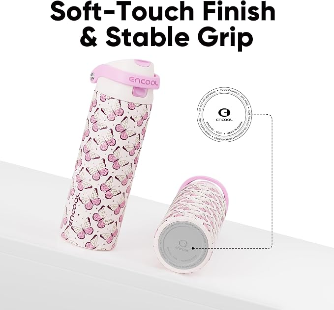 ENCOOL Leakproof Insulated Water Bottle with Straw Dual-Sip Water Bottle Bag-Safe Design for Work, Commute & Gym – Keeps Drinks Cold All Day, 32 oz, Blush Butterfly