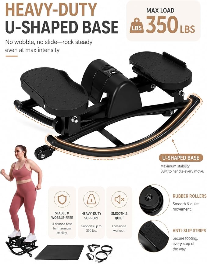Rock Stepper Side to Side - Mini Stepper Exercise Machine for Home Workout, Rocking Stair Stepper with Resistance Bands & Mat, Portable Workout Equipment & Balance Board Alternative for Adults