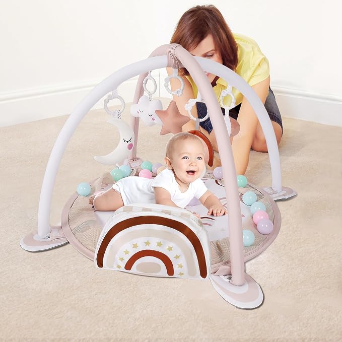 dearlomum Rainbow 4-in-1 Baby Play Mat Gym, with Ball Pit | Includes 30 Balls & 5 Learning Sensory Toys, Floor Gym Playmat for Newborn Infant Tummy Time, Ball Pit, Boy & Girl Gift