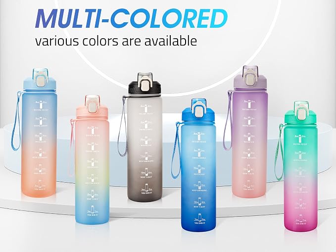YC Kitchen 32oz Motivational Water Bottle with Straw & Carrying Strap | Leak-proof BPA Free Sports Water Bottles with Time Marker, with Times to Drink,Fitness, Gym, and Outdoor Sports