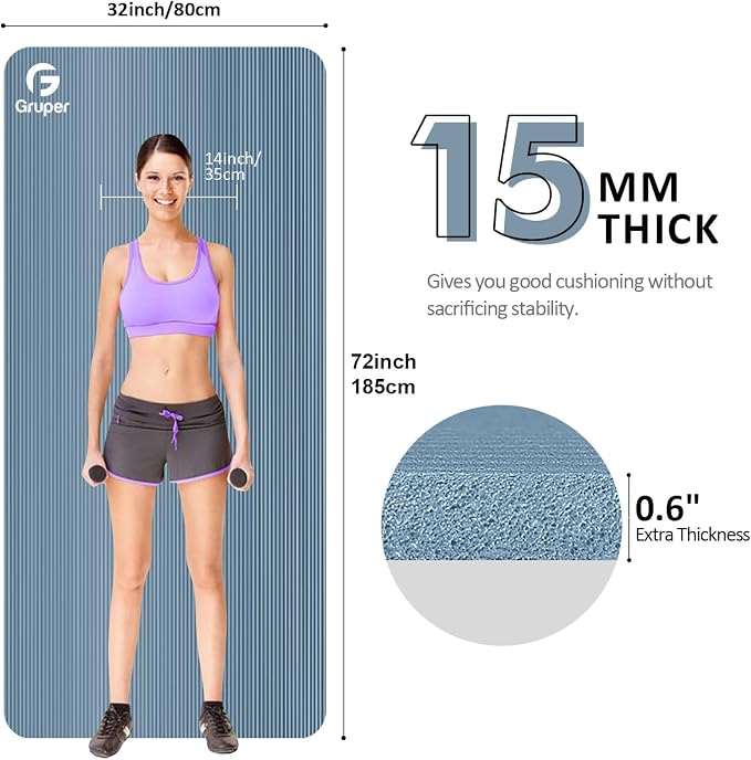 Gruper Yoga Mat Non Slip NBR Extra Thick Yoga Mat, 72"L x 32"/24"W x 0.6"/0.4"TH (185cm x 80cm/61cm x 15mm/10mm), Anti-Tear Exercise Mat with Carrying Strap and Bag, Workout Mats for Yoga, Pilates
