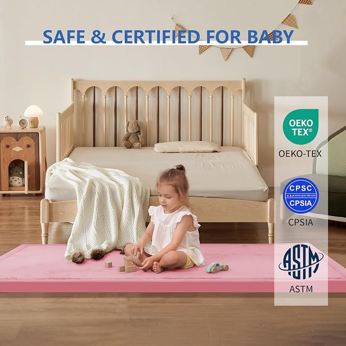 2" Thick Play Mat for Babies Toddlers,Extra Safety Anti-Fall Cushion Mat, Non-Slip Water-Repellent Coral Velvet,28"x72" Bedside Rug for Kids Room (Pink)