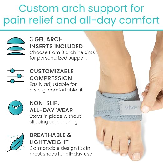 Vive Foot Arch Support Brace (Pair) - Wrap Corrector for Flat Feet, Plantar | Fasciitis, Pain Relief, Fallen Arches - Compression Sleeve Strap, Gel Bands Inserts for Women & Men, Wear Under Socks (Gray)