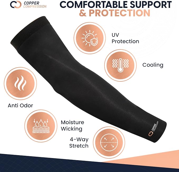 Copper Compression Arm Sleeve - Copper Infused Full Arm Brace for Forearm, Bicep, Triceps - Tennis Elbow, Basketball, Golf, Arthritis, Tendonitis, Bursitis, Post Surgery Rehab - Odor Resistant - Black - M