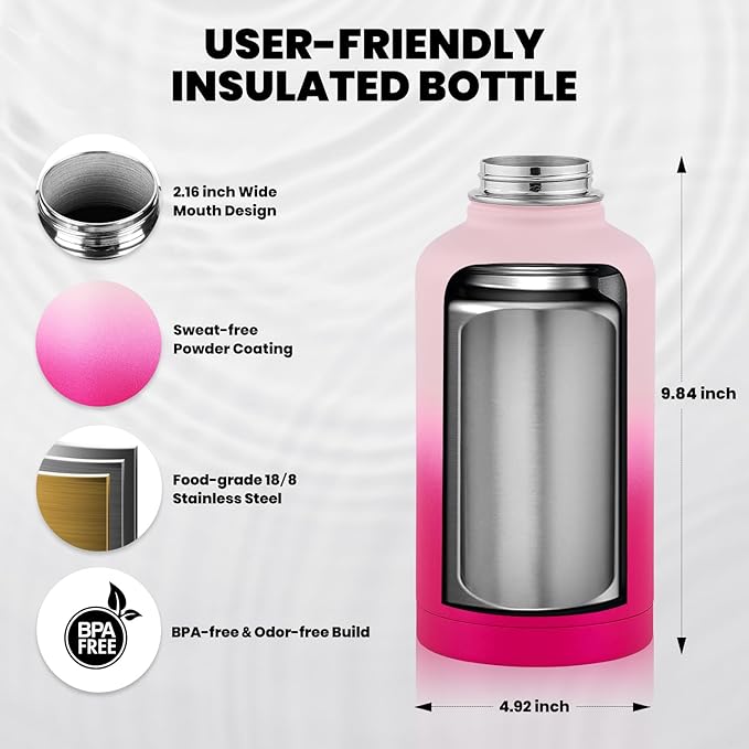 RAYMYLO Insulated Water Bottle 64 oz, Triple Wall Vacuum Stainless Steel | (Cold for 48 Hrs), Leak Proof & Non-BPA, Half Gallon Water Flask Jug with Paracord Handle & Straw Spout Lids, Ombre Pink