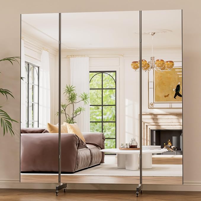 brisafe 67"x63" Folding Mirror with Wheels, 3-Panel Full Length Standing Mirror, Space-Saving, Shatterproof Nano Material, Portable Floor Mirror for Gym, Dance Studio, Home, Commercial Use, Black
