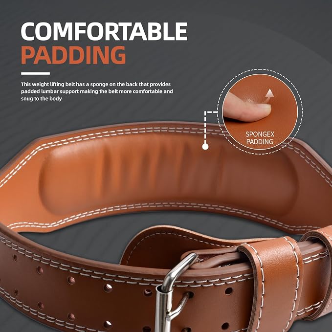 Genuine Leather Weight Lifting Belt, 4”& 6” Padded Lumbar Back Support, 10 Adjustable Holes, Gym Weight Belt Ideal for Deadlift, Powerlifting, Bodybuilding and Squat