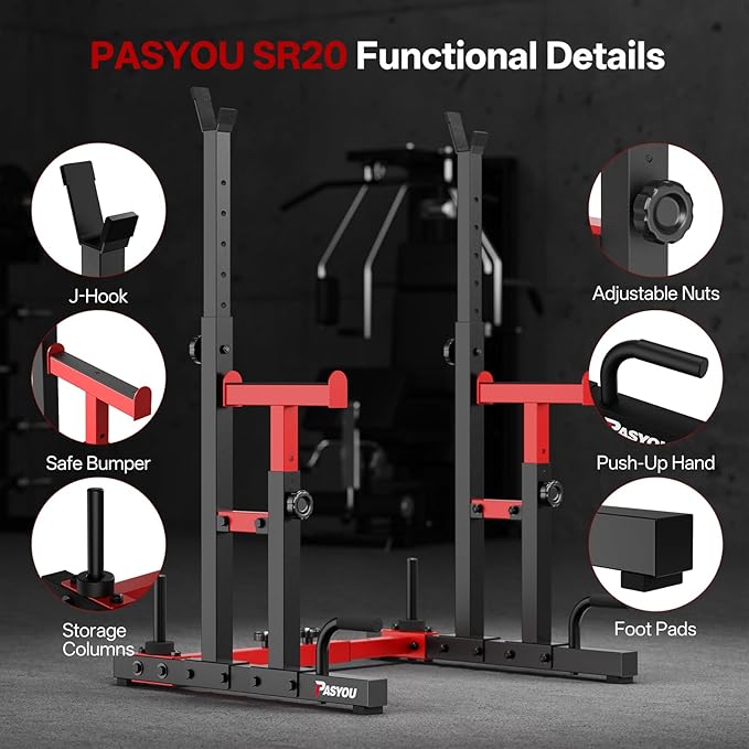 PASYOU Adjustable Squat Power Rack for Home Gym | Adjustable Free Weight Racks, Dual Steel Frame, Push-up Handles, with Dumbbell Storage, Heavy Strength Training for Home Gym