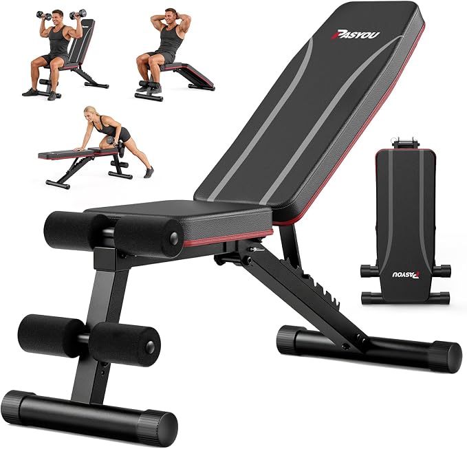 PASYOU Adjustable Weight Bench, Foldable, Incline Decline Flat, Bench Press with 660LBS, 95% Pre-Assembled, Compact Workout Bench Full Body Strength Training Bench for Home Gym, Wider Seat